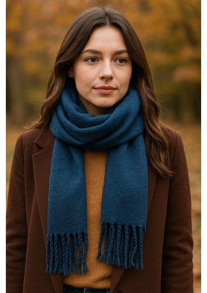 Kadın Lacivert Püsküllü Soft Dokulu Klasik Şal
