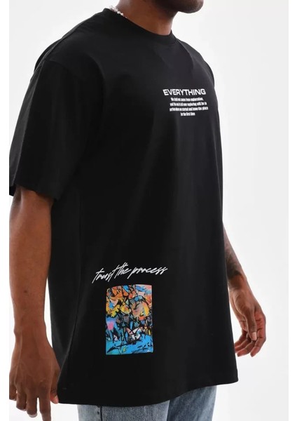 Unisex Bisiklet Yaka Baskılı Oversize T-Shirt - Siyah modelleri