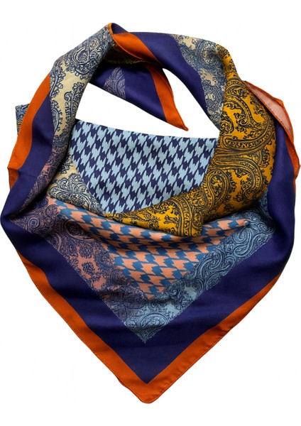 Turuncu Lacivert Patchwork Desenli Ipeksi Fular