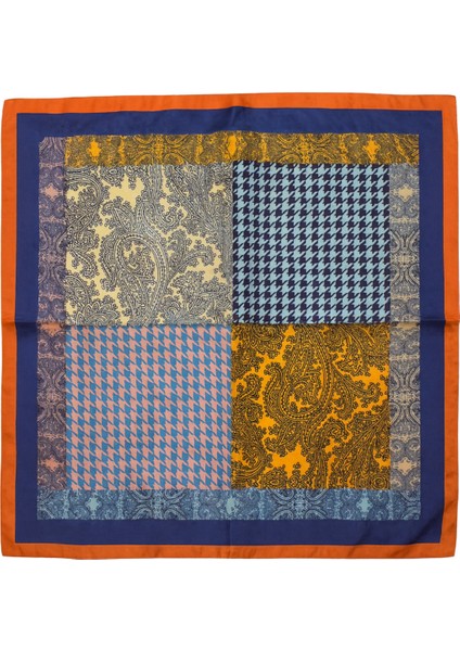Turuncu Lacivert Patchwork Desenli Ipeksi Fular fiyatları