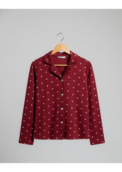 Kadın Pamuklu Süet Minik Kalp Desenli Pijama Takımı (Kırmızı) Kır