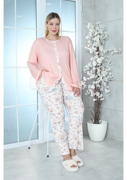 Viskon Büyük Beden Desenli Melisa Turuncu Pijama Takımı %100 Pamu