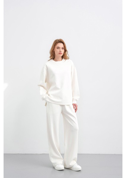 Ekru Kadın Oversize Pike Dokulu Bol Paça Alt-Üst Takım