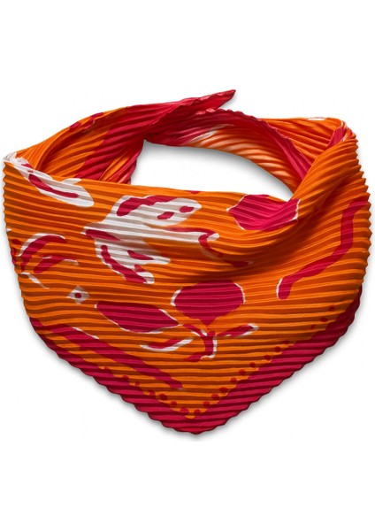 Turuncu Fuşya Tropik Desenli Piliseli Kadın Fular