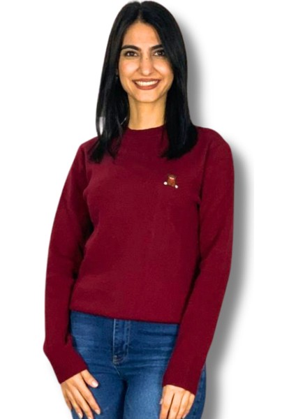 Kadın Teddy Bear Nakışlı Krem Triko Kazak Bordo S