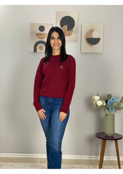 Kadın Teddy Bear Nakışlı Krem Triko Kazak Bordo S fiyatları