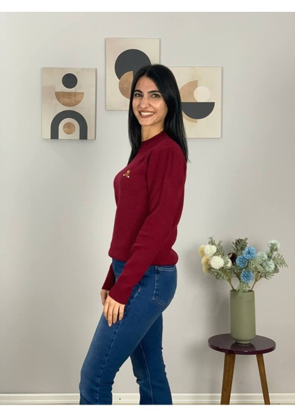 Kadın Teddy Bear Nakışlı Krem Triko Kazak Bordo S modelleri