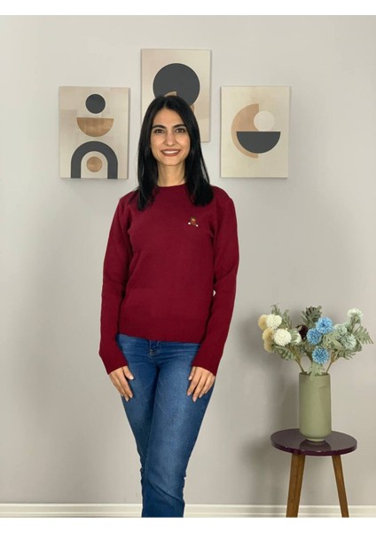 Kadın Teddy Bear Nakışlı Krem Triko Kazak Bordo S indirimleri