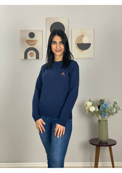 Kadın Teddy Bear Nakışlı Krem Triko Kazak Lacivert M modelleri