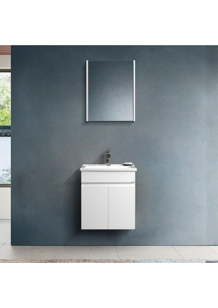 Venna 55 cm Beyaz %100 Mdf Lavabolu Banyo Dolabı, Aynalı Üst Dolap