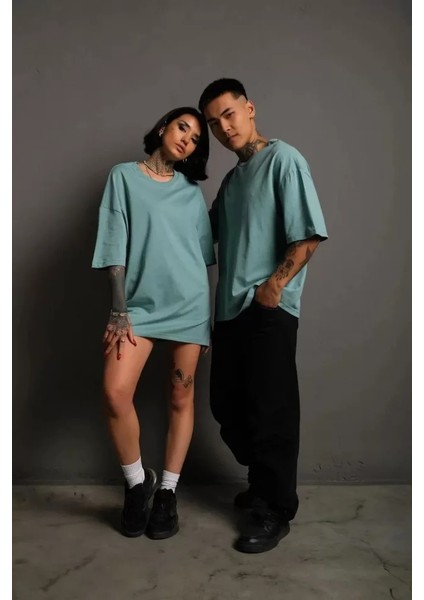 Erkek 24/1 Düz A Kalite Oversize T-Shirt - Mint Yeşili
