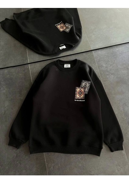 Bisiklet Yaka Baskılı Sweatshirt - Siyah