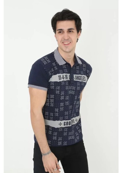 Erkek Yakalı Slim Fit Baskılı T-Shirt - Lacivert fiyatları