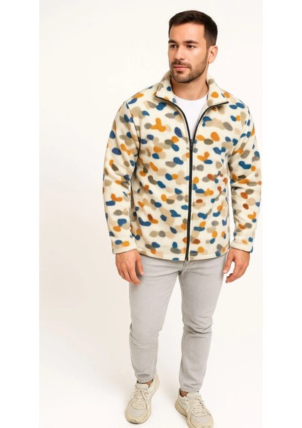 Erkek Tam Fermuarlı Desenli Polar Sweat – Siyah Multicolor Figür Desen Yakalı, Uzun Kollu, Over