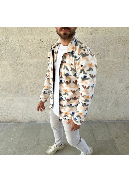 Erkek Tam Fermuarlı Desenli Polar Sweat – Siyah Multicolor Figür Desen Yakalı, Uzun Kollu, Over modelleri