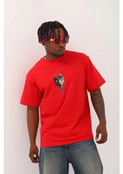 Unisex Oversize Baskılı Bisiklet Yaka T-Shirt - Kırmızı fiyatları