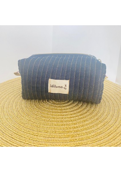 Lacivert Kot Kapitoneli ve Astarlı Şık Makyaj Çantası