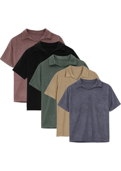 Erkek Tişört 5'li Set Oversize Polo Yaka Basic Yumuşak Dokulu T-Shirt KAHVE-SIYAH-HAKI-BEJ-ANTR COC2573