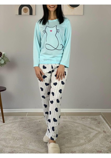 Kadın Kedi Motifli Kalp Desenli Pijama Takımı (Mavi-Beyaz) Mavi 2 modelleri