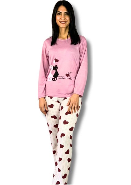 Kadın Kedi Motifli Kalp Desenli Pijama Takımı (Pembe-Beyaz) Pembe