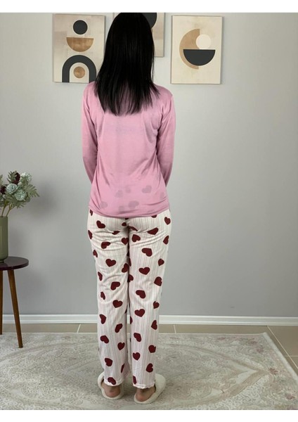 Kadın Kedi Motifli Kalp Desenli Pijama Takımı (Pembe-Beyaz) Pembe fırsatları