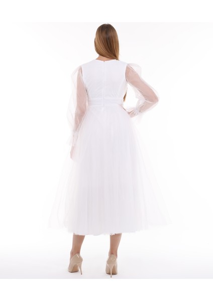 Önü Kruvaze Uzun Kol Tül Abiye Elbise modelleri