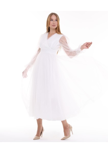 Önü Kruvaze Uzun Kol Tül Abiye Elbise indirimleri