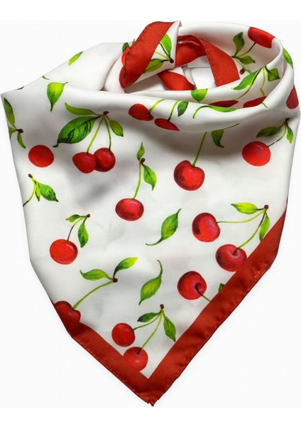 Kiraz Desenli Kırmızı Kenarlı Kare Fular