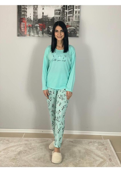 Kadın Pamuklu Viscon Çiçek Desenli Pijama Takımı (Yeşil) Yeşil XL fiyatları
