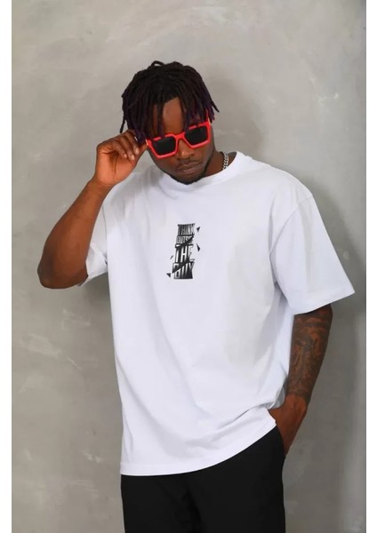 Unisex Oversize Baskılı Bisiklet Yaka T-Shirt - Beyaz