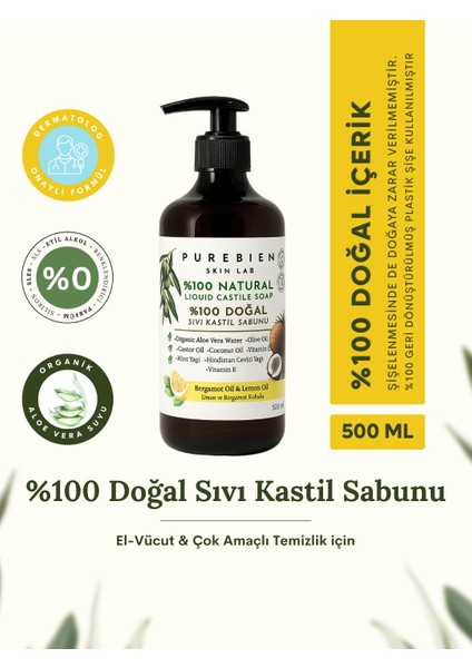 %100 Doğal Kastil Sıvı Sabun - Bergamot & Limon Kokulu