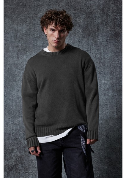 Erkek Oversize Bisiklet Yaka Basic Triko Kazak Siyah