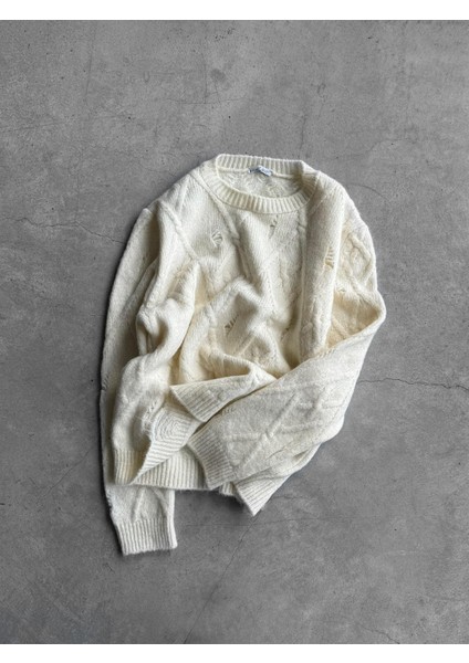 Erkek Oversize Desenli Triko Kazak Ekru