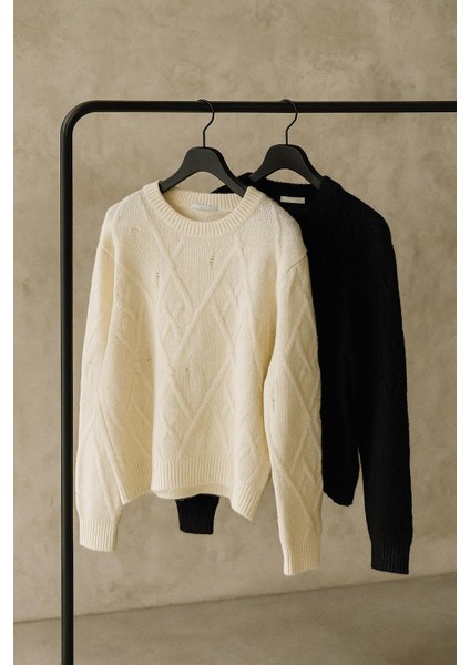 Erkek Oversize Desenli Triko Kazak Ekru modelleri