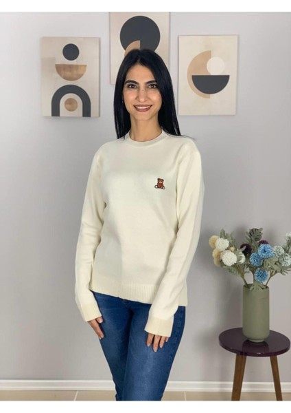 Kadın Teddy Bear Nakışlı Krem Triko Kazak Krem M indirimleri