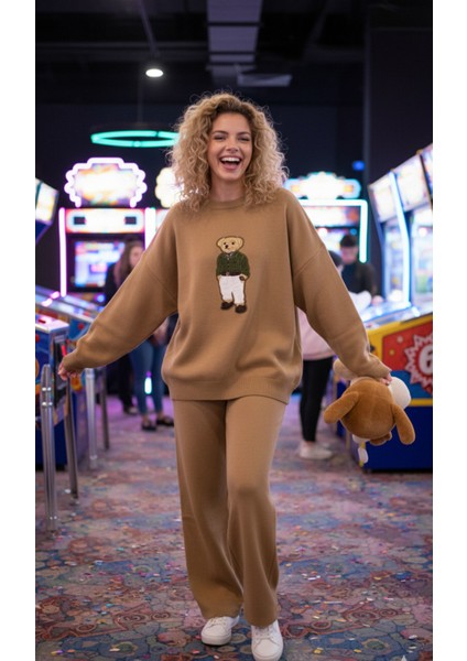 Kadın Uzun Kol Teddy Bear Bisiklet Yaka Triko Kazak Pantolon Takı