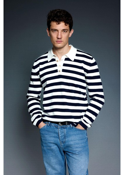 Erkek Slim Fit Polo Yaka Düğmeli Çizgili Kazak Lacivert