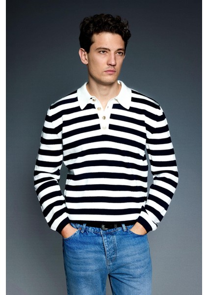 Erkek Slim Fit Polo Yaka Düğmeli Çizgili Kazak Lacivert fiyatları