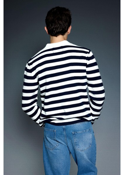 Erkek Slim Fit Polo Yaka Düğmeli Çizgili Kazak Lacivert fırsatları