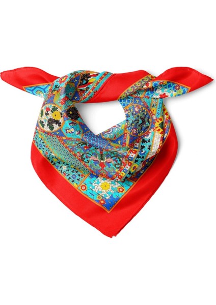 Kırmızı Zeminli Mozaik Desenli Fular