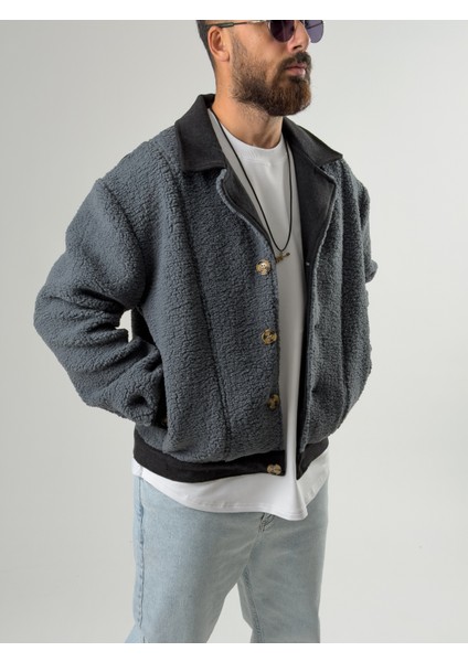 Erkek Kaşe Detaylı İndigo Peluş Hırka COC2577 modelleri