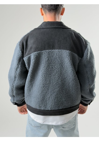 Erkek Kaşe Detaylı İndigo Peluş Hırka COC2577 fırsatları