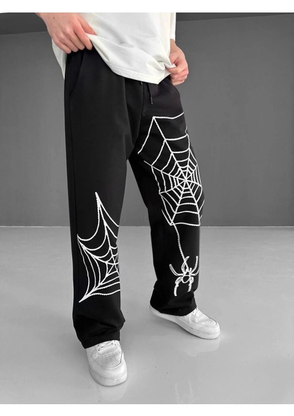 Iki Iplik Kumaş Örümcek Baskılı Esofman - Siyah