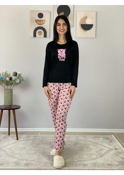 Kadın Love You Baskılı Panda Desenli Pijama Takımı (Pembe-Siyah) fiyatları