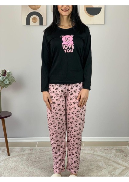 Kadın Love You Baskılı Panda Desenli Pijama Takımı (Pembe-Siyah) modelleri