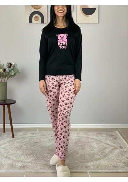 Kadın Love You Baskılı Panda Desenli Pijama Takımı (Pembe-Siyah) indirimleri