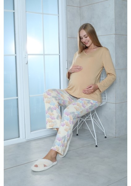 Viskon Desenli Taba Pijama Takımı %100 Pamuk Taba XL fırsatları