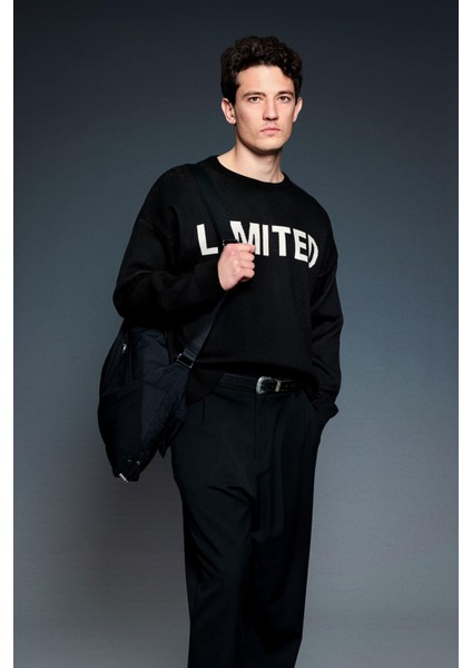 Erkek Oversize Limıted Yazılı Triko Kazak Siyah modelleri