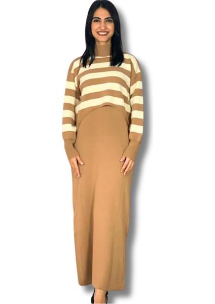 Kadın Çizgili Büyük Beden Kazaklı Elbise Taş Standart