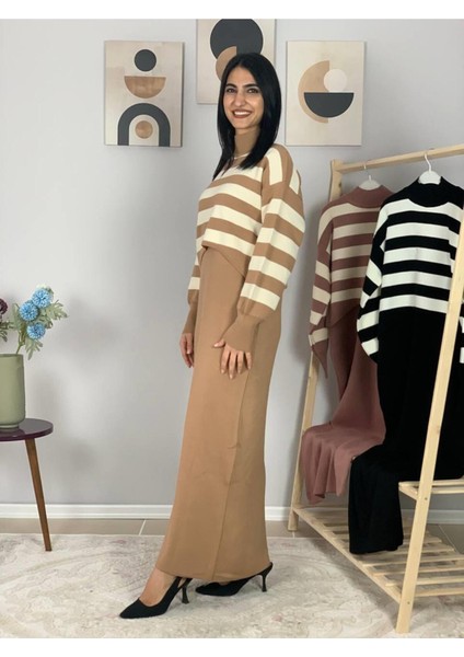 Kadın Çizgili Büyük Beden Kazaklı Elbise Taş Standart fiyatları